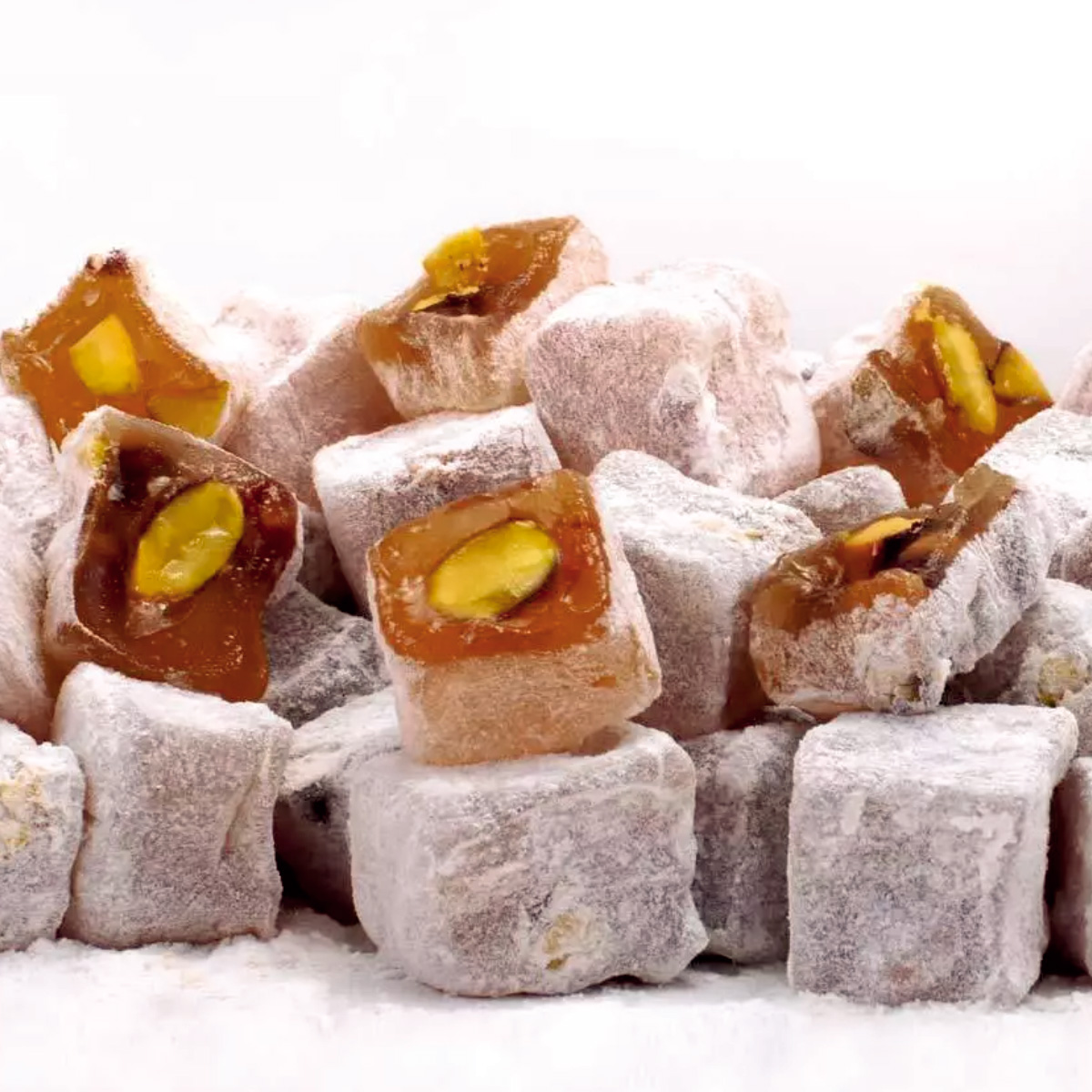 Double Roasted  Turkish Delight with Pistachio  Covered Powdered Sugar